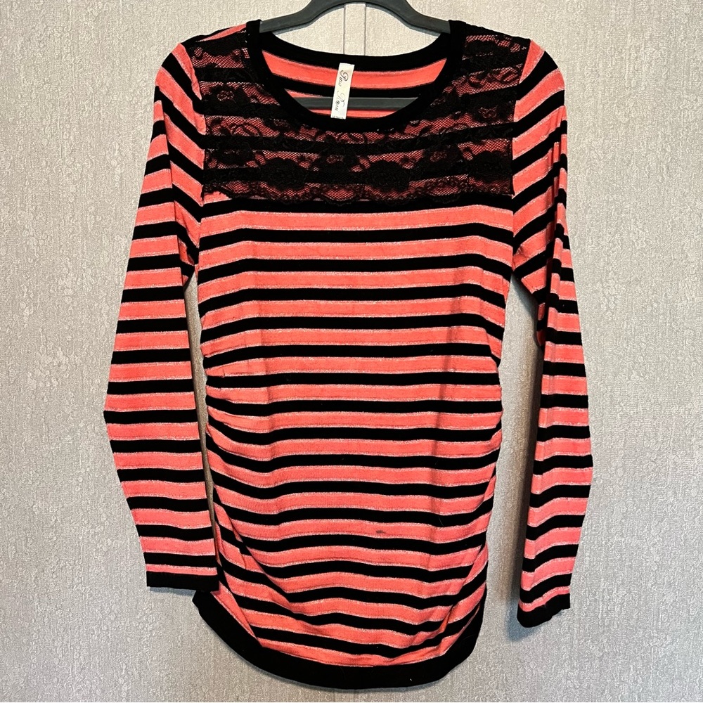 Pina Rossi Striped Maternity Lace Front Long Sleeve Lightweight Sweater Large